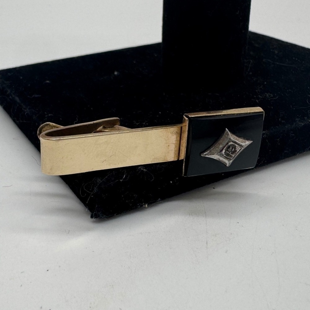 Vintage Hayward 12K Gold Filled Tie Clip Black Onyx Diamond Inlay Mens Accessory